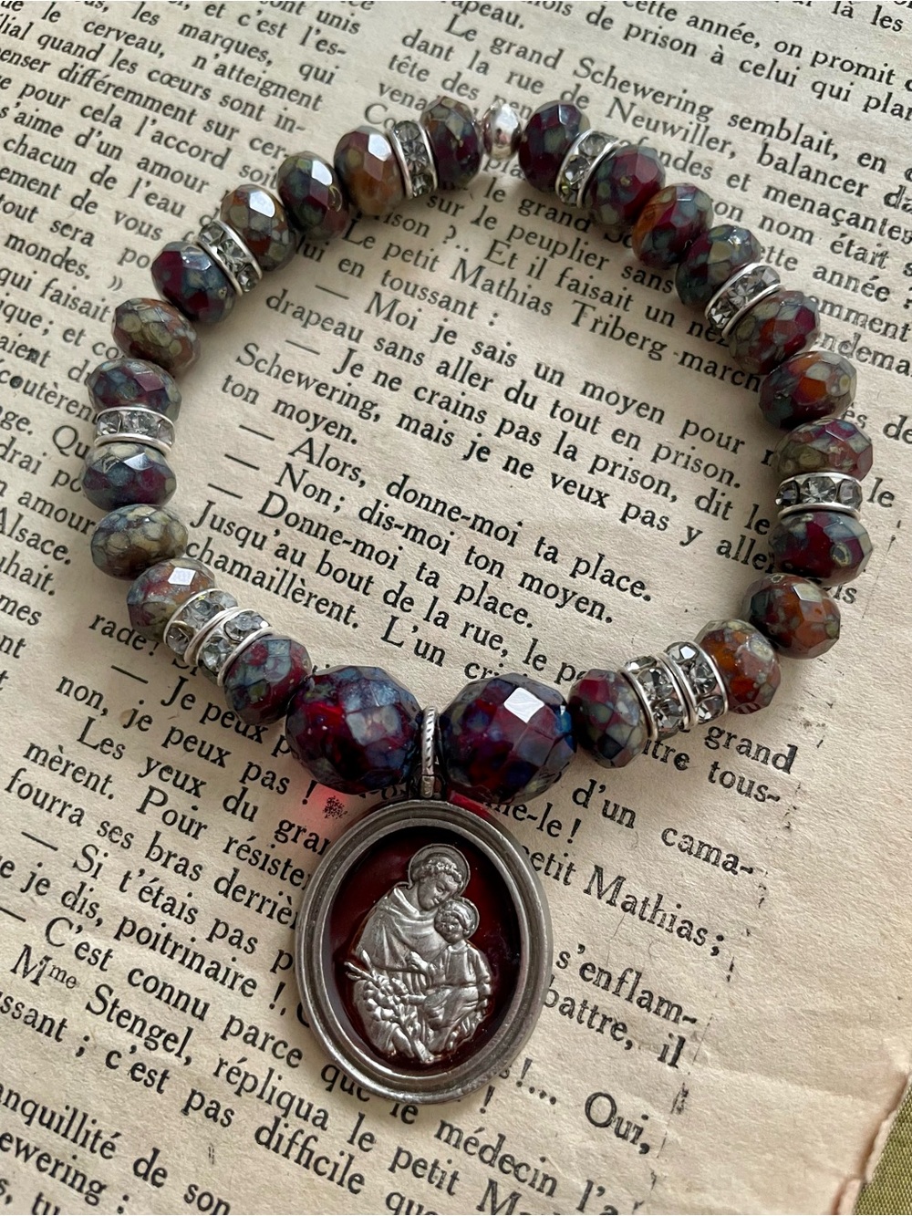 Picasso Burgundy Beaded Religious Pendant Bracelet - Women Jewelry